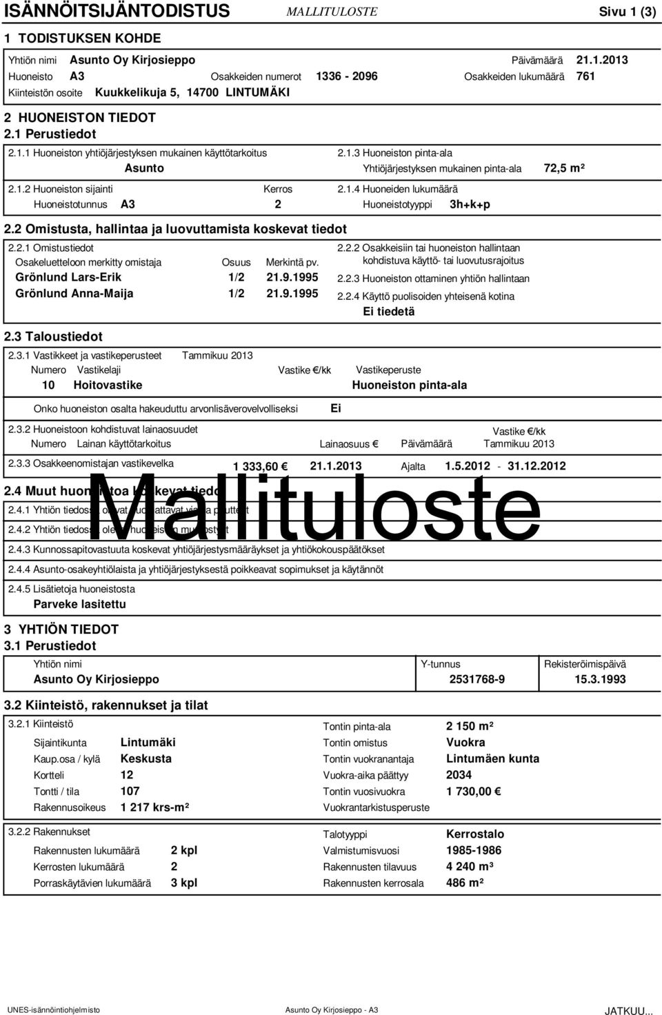 .3 Huoneiston pinta-ala Yhtiöjärjestyksen mukainen pinta-ala..4 Huoneiden lukumäärä Huoneistotyyppi 3h+k+p 7,5 m². Omistusta, hallintaa ja luovuttamista koskevat tiedot.