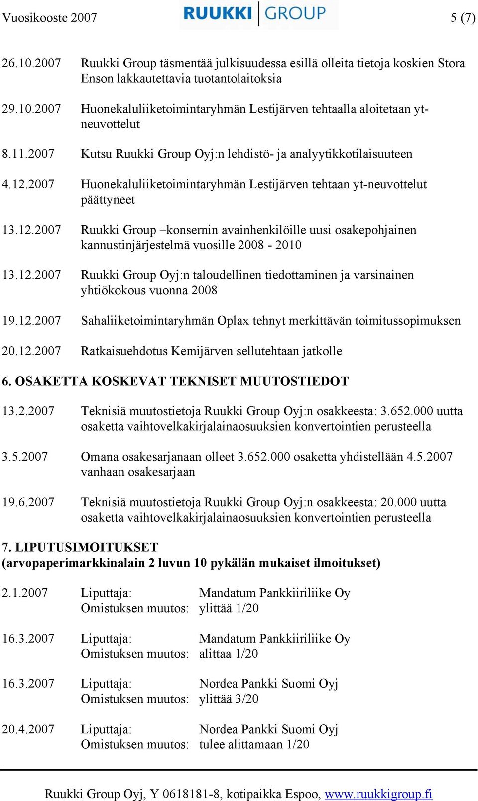 12.2007 Ruukki Group Oyj:n taloudellinen tiedottaminen ja varsinainen yhtiökokous vuonna 2008 19.12.2007 Sahaliiketoimintaryhmän Oplax tehnyt merkittävän toimitussopimuksen 20.12.2007 Ratkaisuehdotus Kemijärven sellutehtaan jatkolle 6.