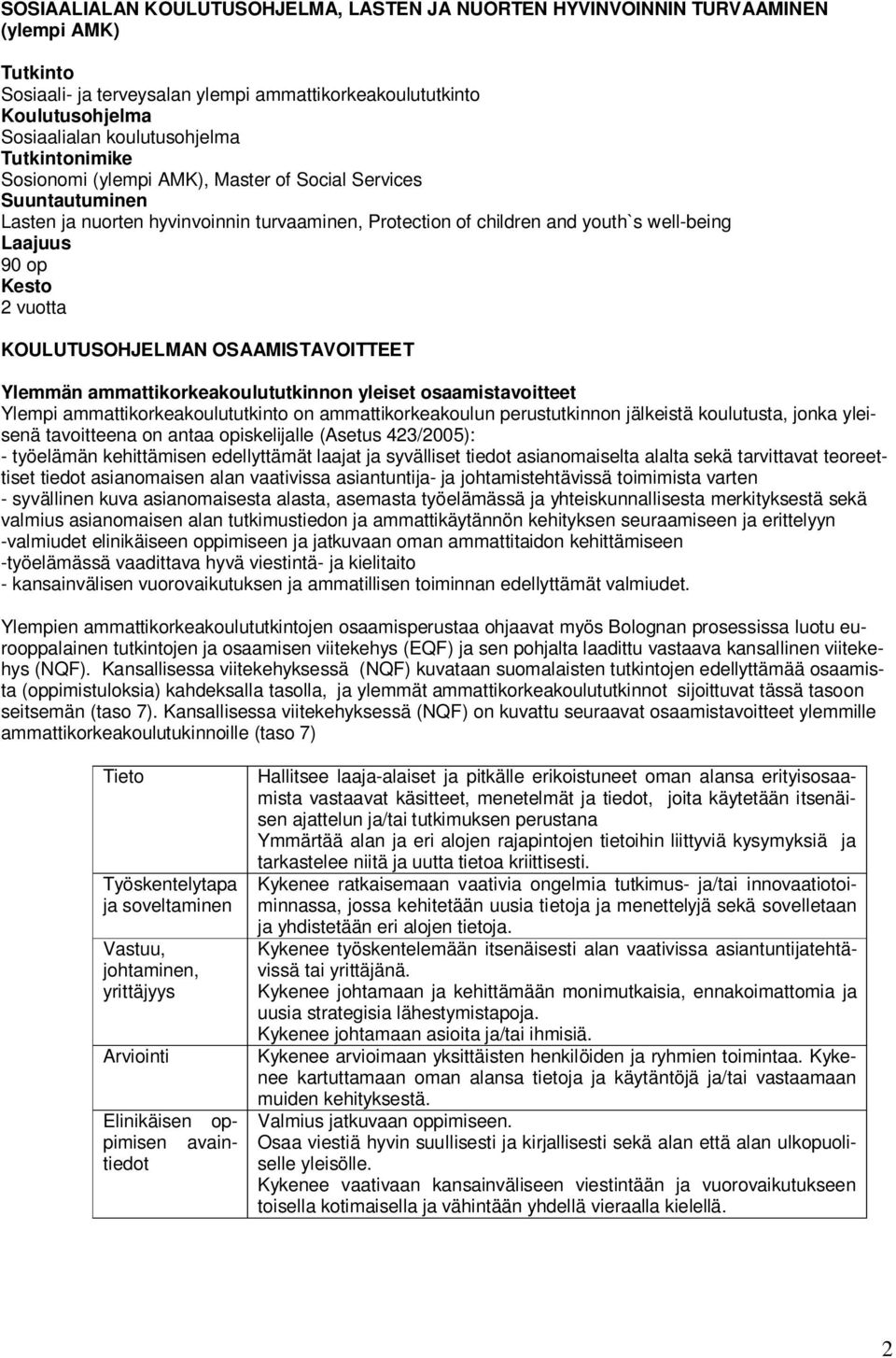 KOULUTUSOHJELMAN OSAAMISTAVOITTEET Ylemmän ammattikorkeakoulututkinnon yleiset osaamistavoitteet Ylempi ammattikorkeakoulututkinto on ammattikorkeakoulun perustutkinnon jälkeistä koulutusta, jonka