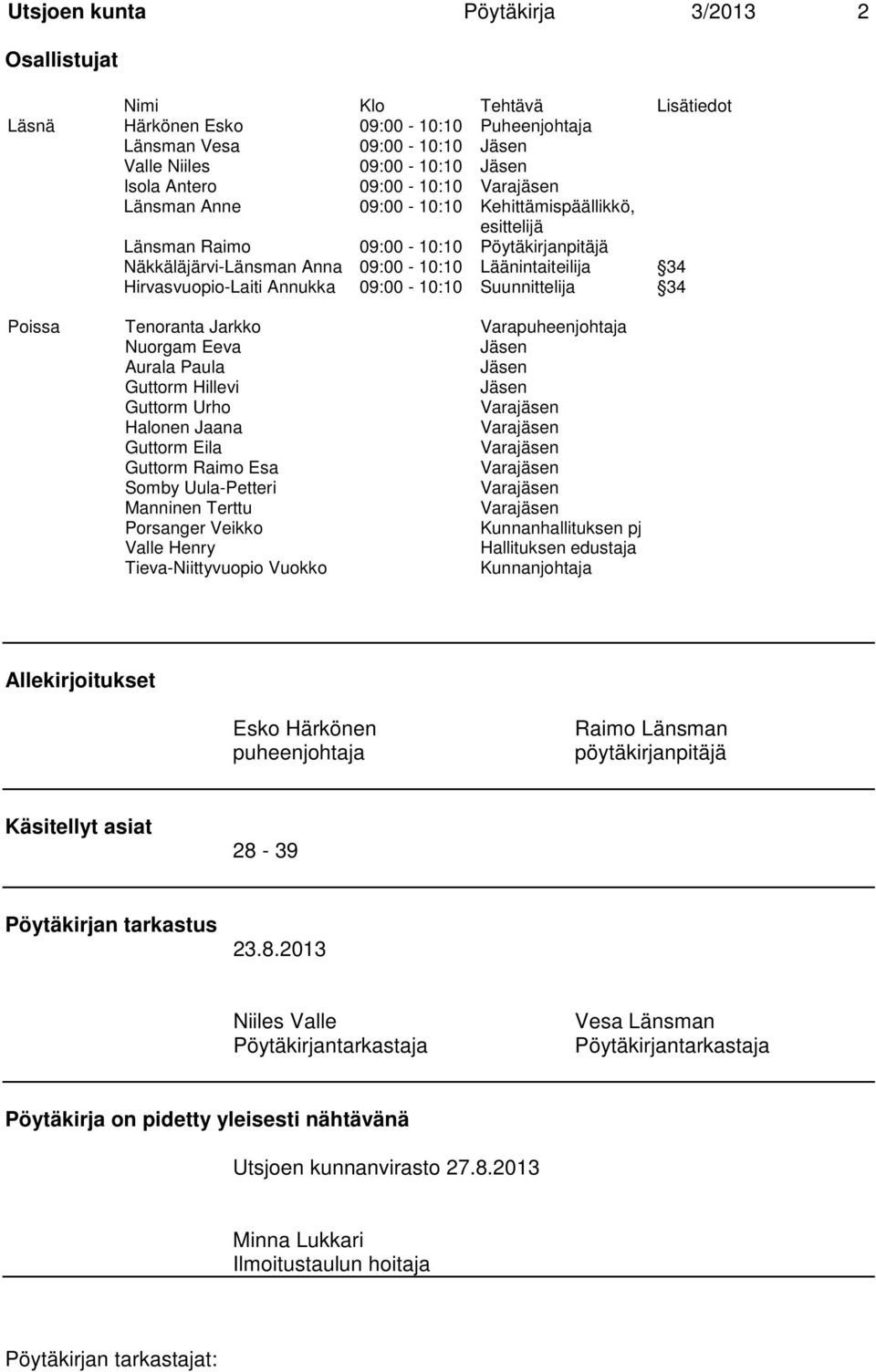 Annukka 09:00-10:10 Suunnittelija 34 Poissa Tenoranta Jarkko Varapuheenjohtaja Nuorgam Eeva Jäsen Aurala Paula Jäsen Guttorm Hillevi Jäsen Guttorm Urho Varajäsen Halonen Jaana Varajäsen Guttorm Eila