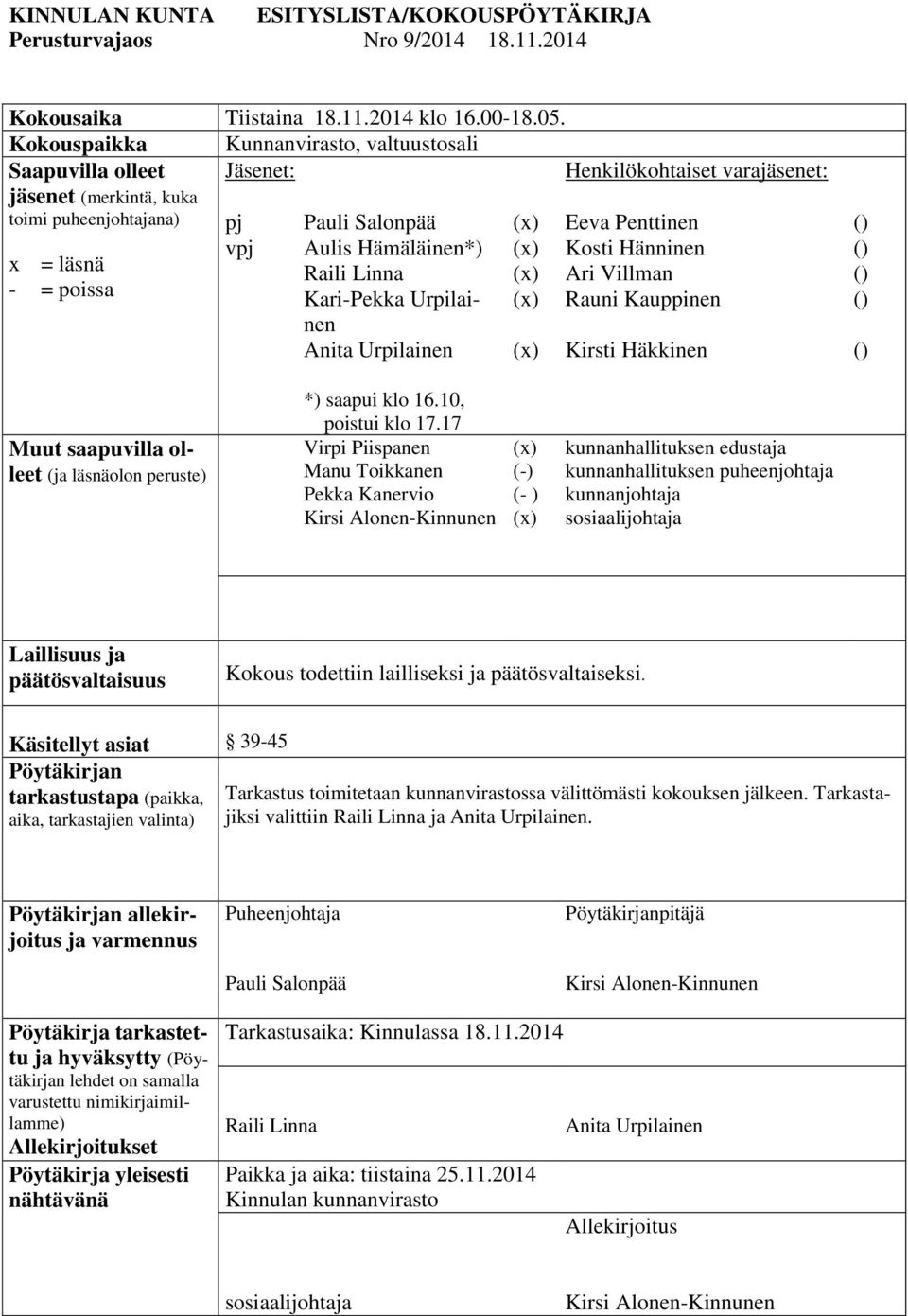 Hämäläinen*) Raili Linna Kari-Pekka Urpilainen Anita Urpilainen Eeva Penttinen Kosti Hänninen Ari Villman Rauni Kauppinen Kirsti Häkkinen () () () () () Muut saapuvilla olleet (ja läsnäolon peruste)