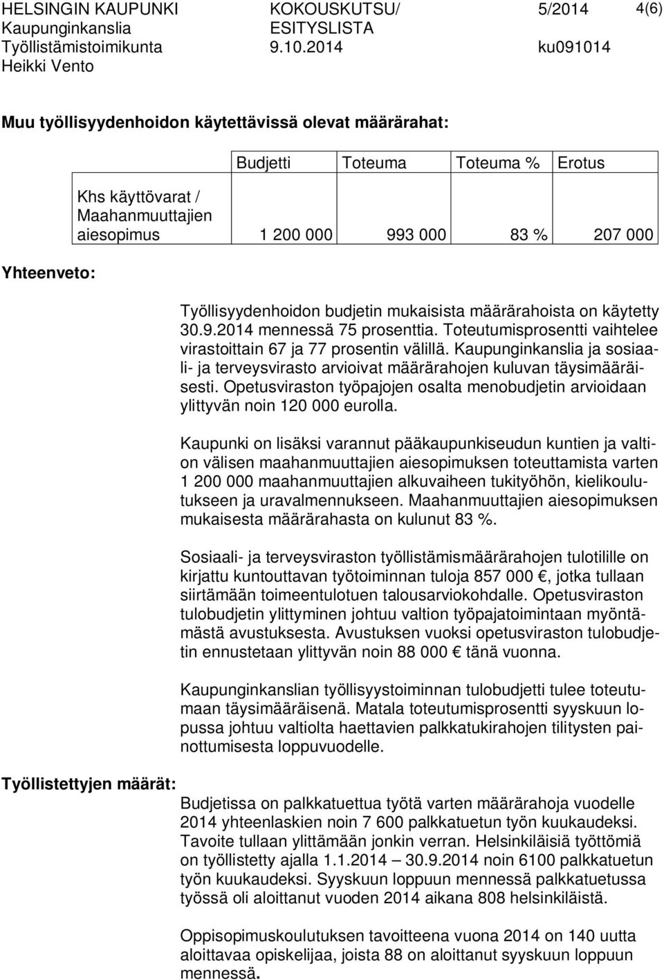 ja sosiaali- ja terveysvirasto arvioivat määrärahojen kuluvan täysimääräisesti. Opetusviraston työpajojen osalta menobudjetin arvioidaan ylittyvän noin 120 000 eurolla.