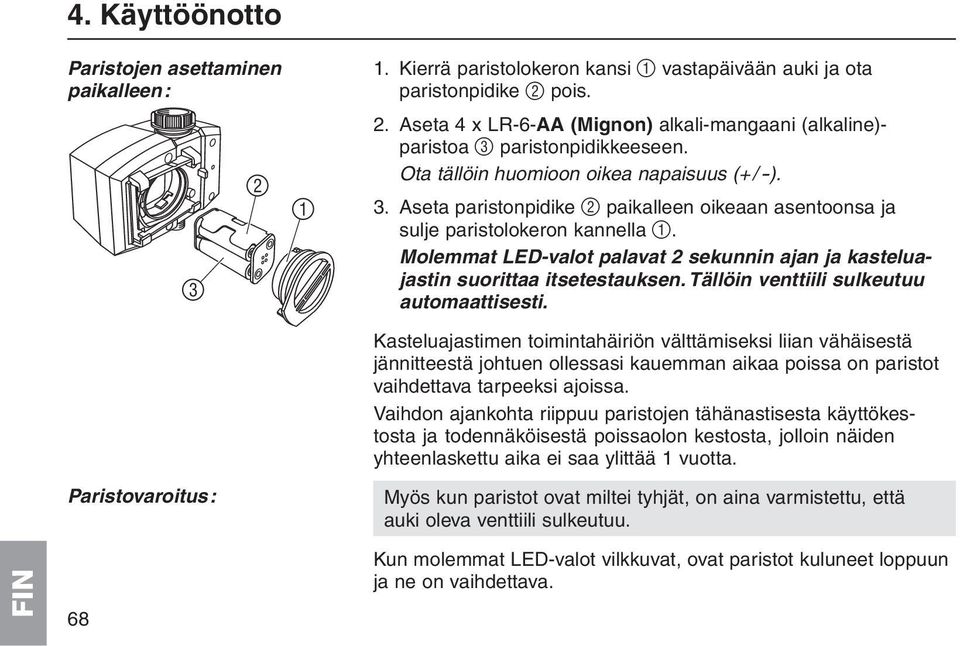 Molemmat LED-valot palavat 2 sekunnin ajan ja kasteluajastin suorittaa itsetestauksen. Tällöin venttiili sulkeutuu automaattisesti.