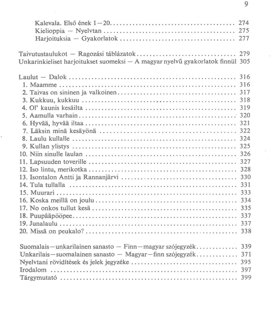 Kullan ylistys 325 10. Niin sinulle laulan 326 11. Lapsuuden toverille 327 12. Iso lintu, merikotka 328 13. Isontalon Antti ja Rannanjárvi 330 14. Tula tullalla 331 15. Muurari 333 16.