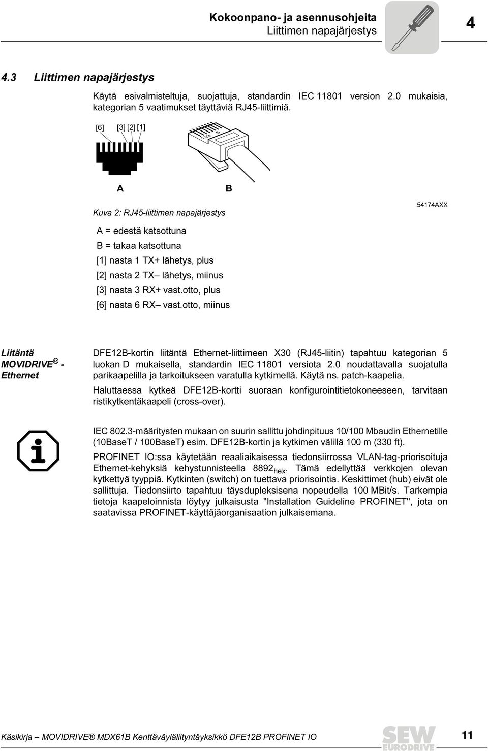 [6] [3] [2] [1] 123 6 A B Kuva 2: RJ45-liittimen napajärjestys 54174AXX A = edestä katsottuna B = takaa katsottuna [1] nasta 1 TX+ lähetys, plus [2] nasta 2 TX lähetys, miinus [3] nasta 3 RX+ vast.