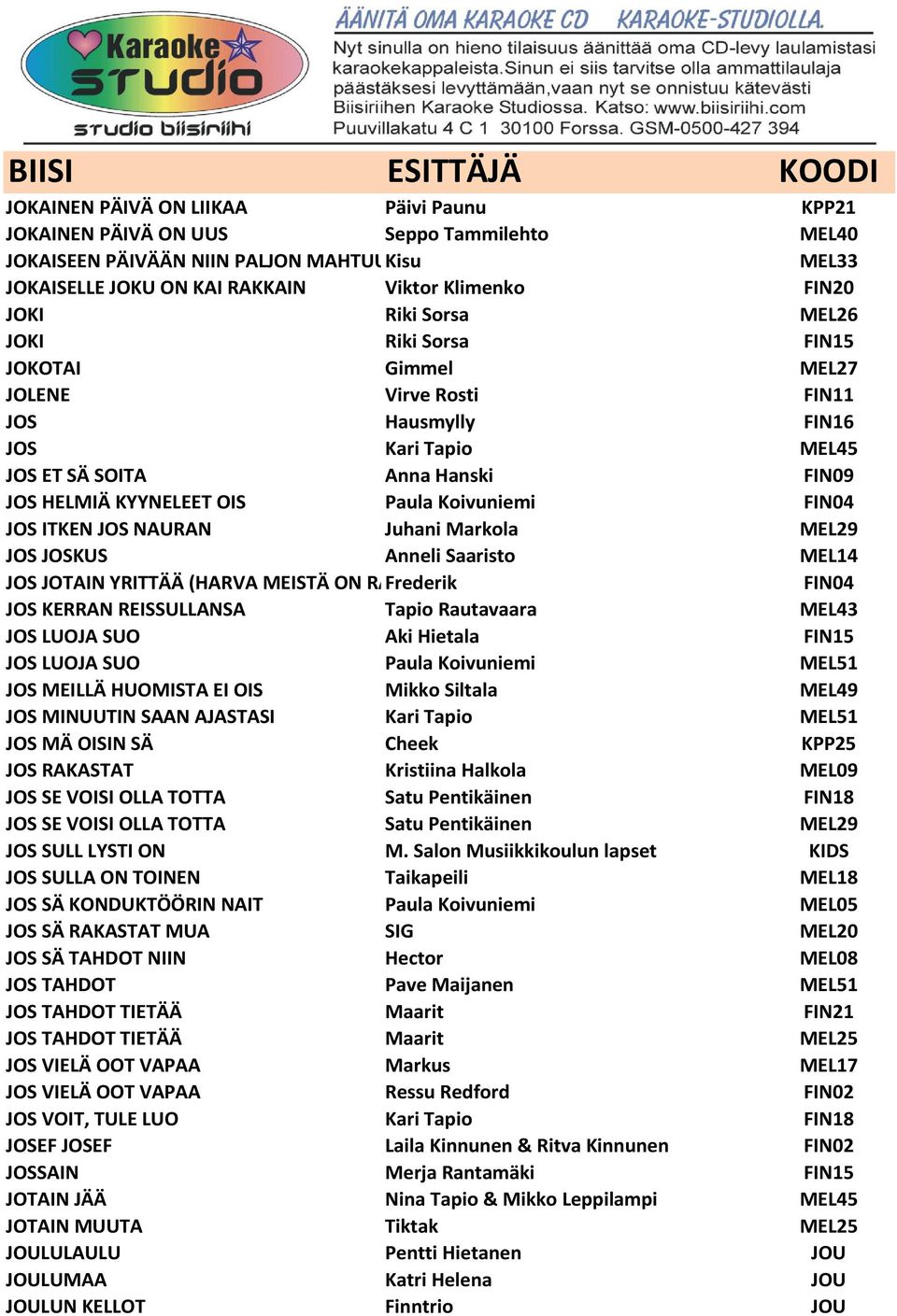 FIN04 JOS ITKEN JOS NAURAN Juhani Markola MEL29 JOS JOSKUS Anneli Saaristo MEL14 JOS JOTAIN YRITTÄÄ (HARVA MEISTÄ ON RAUTAA) Frederik FIN04 JOS KERRAN REISSULLANSA Tapio Rautavaara MEL43 JOS LUOJA