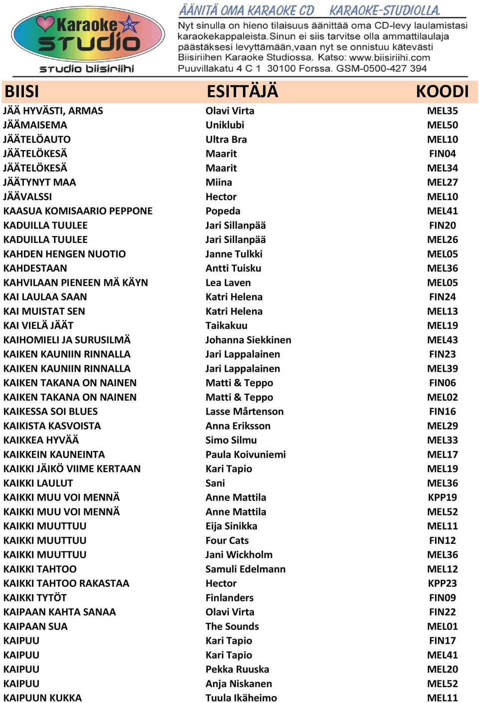 KÄYN Lea Laven MEL05 KAI LAULAA SAAN Katri Helena FIN24 KAI MUISTAT SEN Katri Helena MEL13 KAI VIELÄ JÄÄT Taikakuu MEL19 KAIHOMIELI JA SURUSILMÄ Johanna Siekkinen MEL43 KAIKEN KAUNIIN RINNALLA Jari