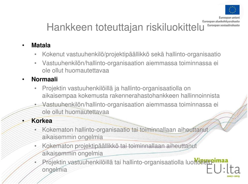 hallinnoinnista Vastuuhenkilön/hallinto-organisaation aiemmassa toiminnassa ei ole ollut huomautettavaa Korkea Kokematon hallinto-organisaatio tai toiminnallaan