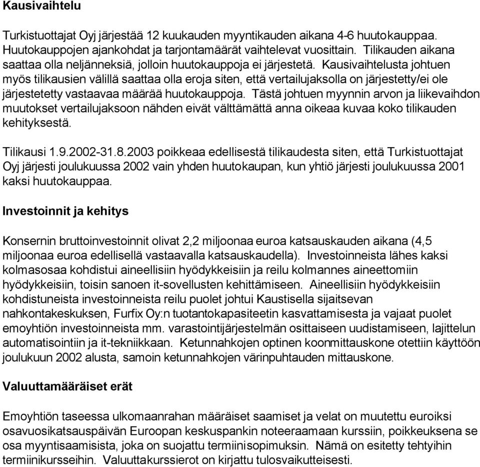 Kausivaihtelusta johtuen myös tilikausien välillä saattaa olla eroja siten, että vertailujaksolla on järjestetty/ei ole järjestetetty vastaavaa määrää huutokauppoja.