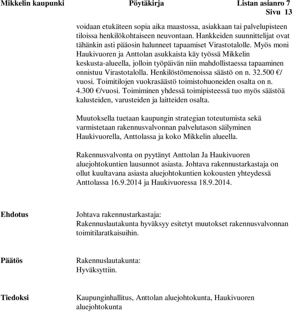 Myös moni Haukivuoren ja Anttolan asukkaista käy työssä Mikkelin keskusta-alueella, jolloin työpäivän niin mahdollistaessa tapaaminen onnistuu Virastotalolla. Henkilöstömenoissa säästö on n. 32.