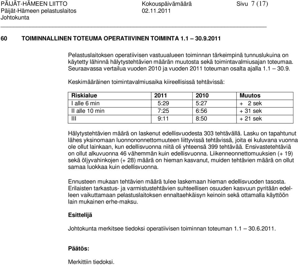 Seuraavassa vertailua vuoden 2010 ja vuoden 2011 toteuman osalta ajalla 1.1 30.9.