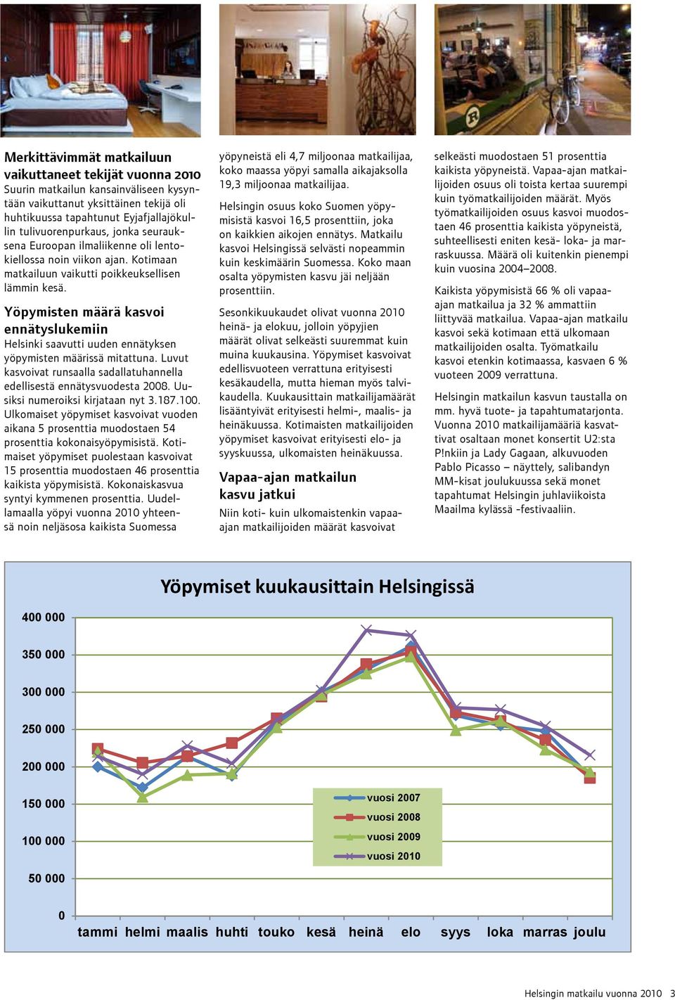 Yöpymisten määrä kasvoi ennätyslukemiin Helsinki saavutti uuden ennätyksen yöpymisten määrissä mitattuna. Luvut kasvoivat runsaalla sadallatuhannella edellisestä ennätysvuodesta 2008.