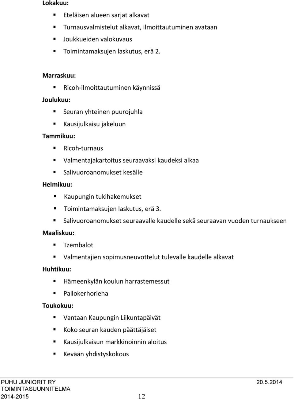 kesälle Helmikuu: Kaupungin tukihakemukset Toimintamaksujen laskutus, erä 3.