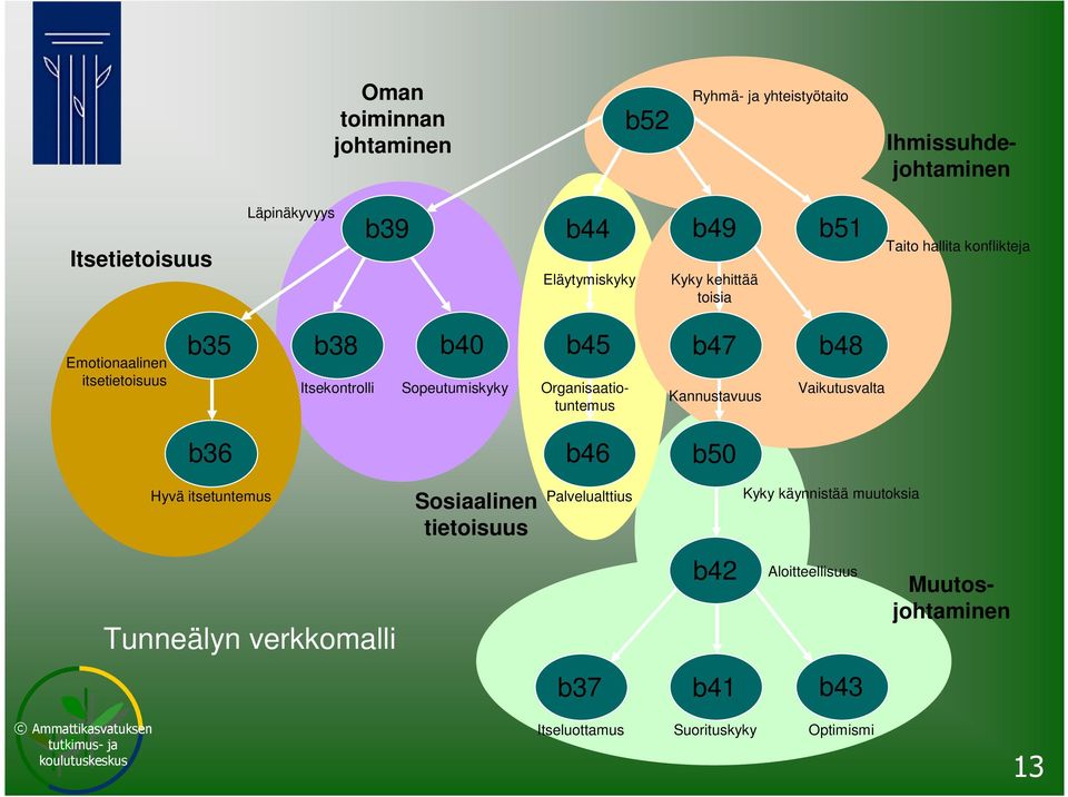 Sopeutumiskyky b45 b47 b48 Organisaatiotuntemus Kannustavuus Vaikutusvalta b36 b46 b50 Hyvä itsetuntemus Tunneälyn verkkomalli