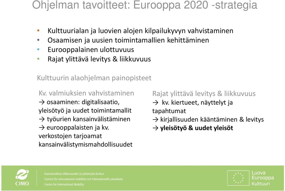 valmiuksien vahvistaminen osaaminen: digitalisaatio, yleisötyö ja uudet toimintamallit työurien kansainvälistäminen eurooppalaisten ja kv.