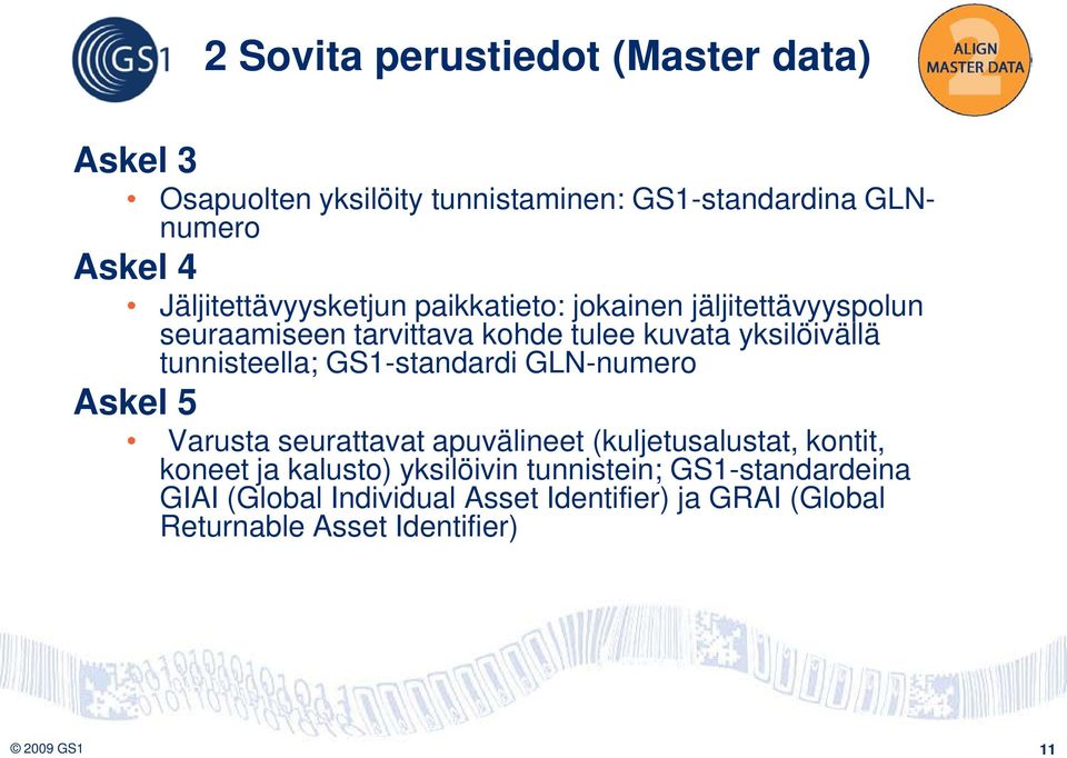 tunnisteella; GS1-standardi GLN-numero Askel 5 Varusta seurattavat apuvälineet (kuljetusalustat, kontit, koneet ja kalusto)