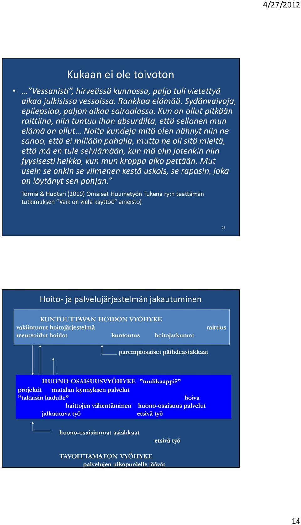 mäen tule selviämään, kun mäolin jotenkin niin fyysisesti heikko, kun mun kroppa alko pettään. Mut usein se onkin se viimenenkestä uskois, se rapasin, joka on löytänyt sen pohjan.