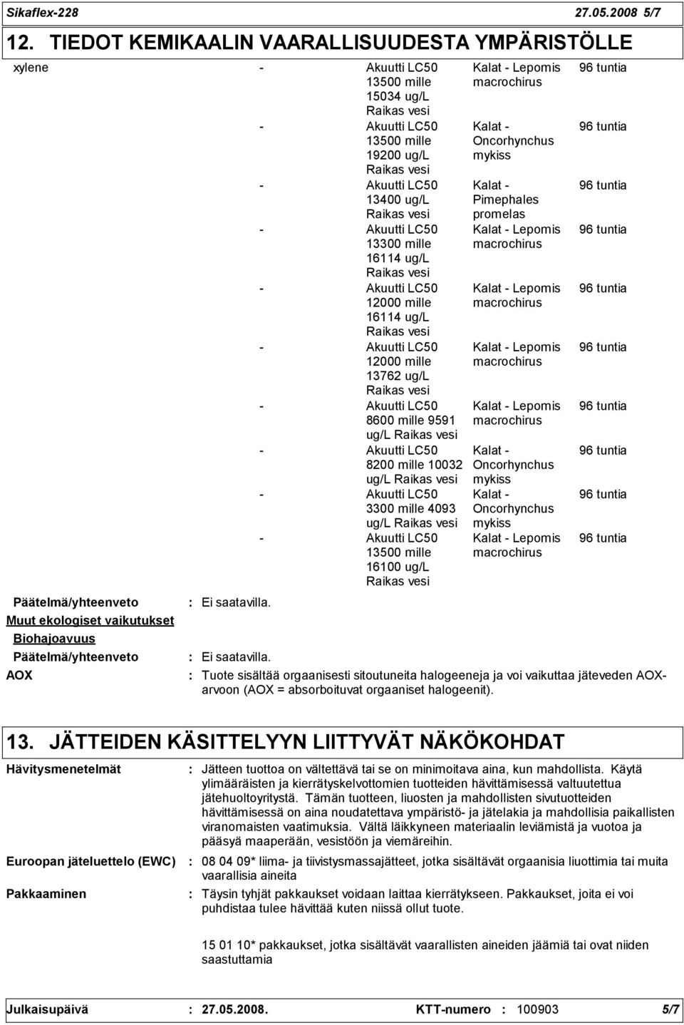 ug/l Päätelmä/yhteenveto Muut ekologiset vaikutukset Biohajoavuus Päätelmä/yhteenveto AOX Ei saatavilla.