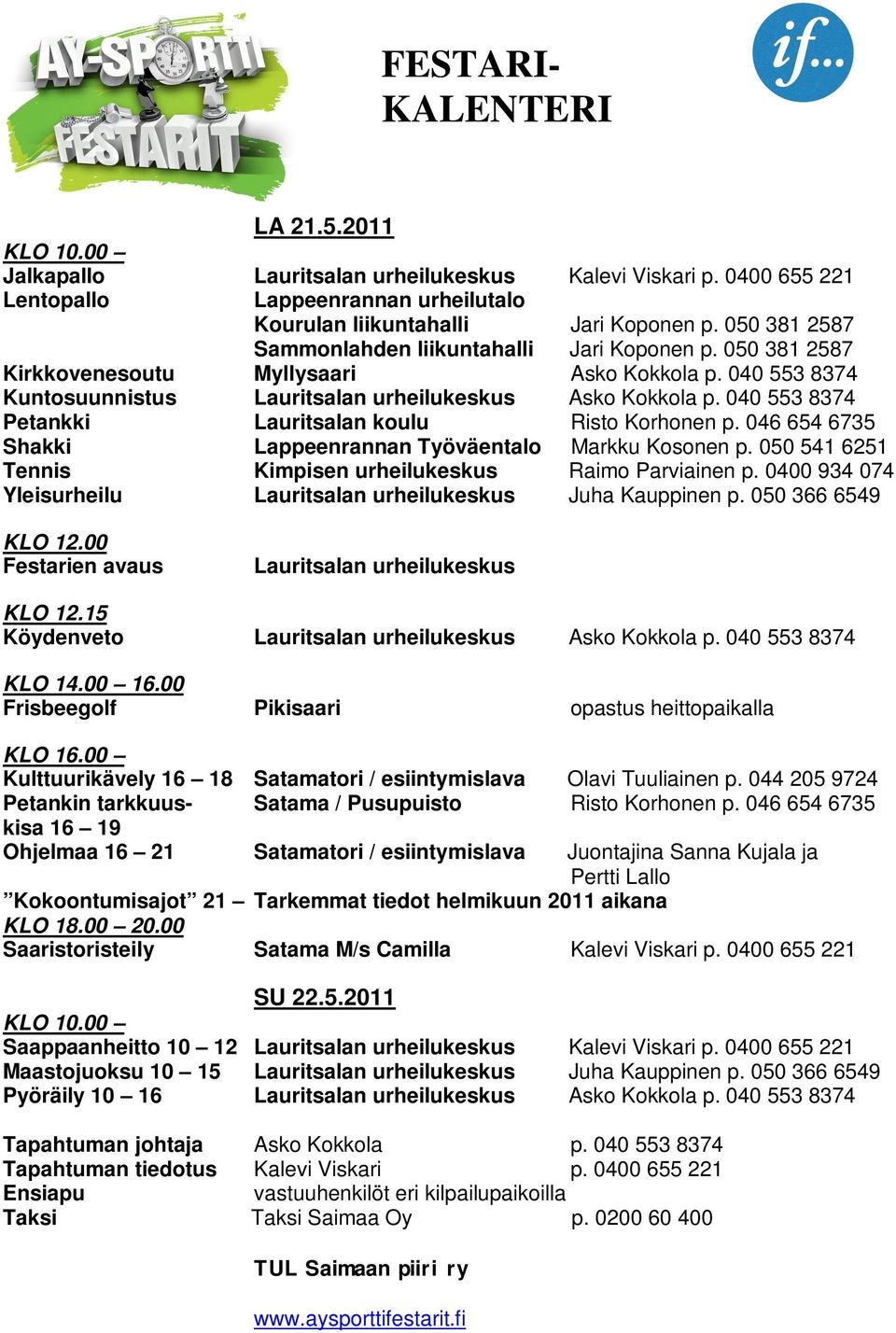 040 553 8374 Petankki Lauritsalan koulu Risto Korhonen p. 046 654 6735 Shakki Lappeenrannan Työväentalo Markku Kosonen p. 050 541 6251 Tennis Kimpisen urheilukeskus Raimo Parviainen p.