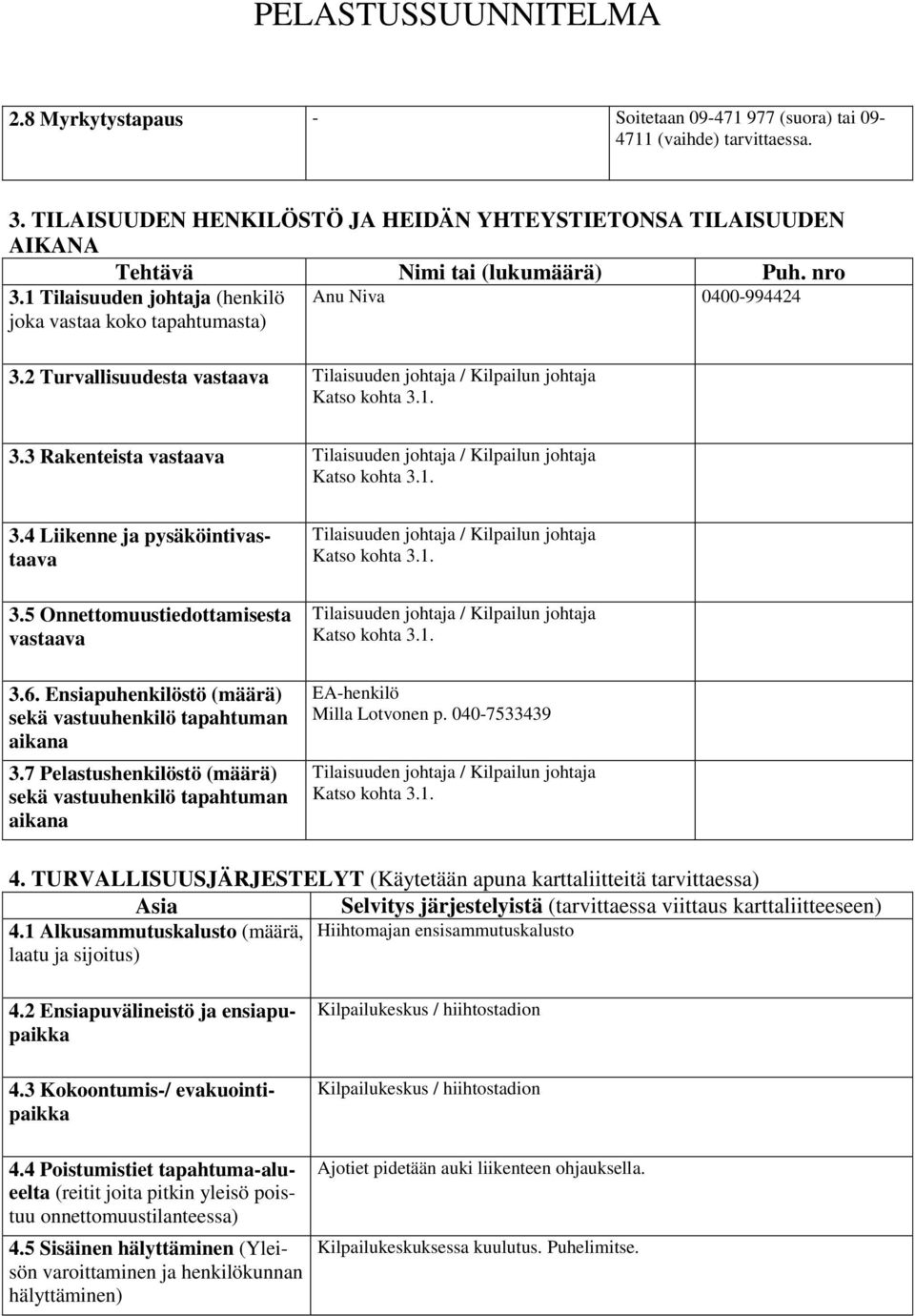 4 Liikenne ja pysäköintivastaava 3.5 Onnettomuustiedottamisesta vastaava 3.6. Ensiapuhenkilöstö (määrä) sekä vastuuhenkilö tapahtuman aikana 3.