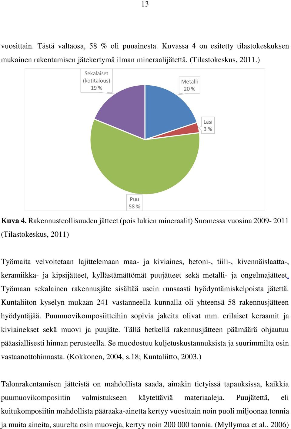 Rakennusteollisuuden jätteet (pois lukien mineraalit) Suomessa vuosina 2009-2011 (Tilastokeskus, 2011) Puu 58 % Työmaita velvoitetaan lajittelemaan maa- ja kiviaines, betoni-, tiili-,