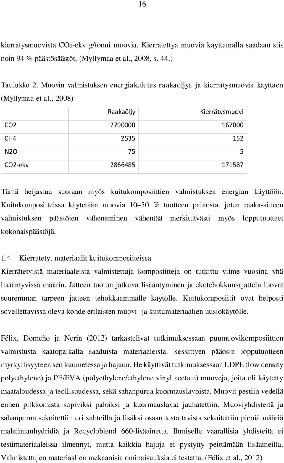 , 2008) Raakaöljy Kierrätysmuovi CO2 2790000 167000 CH4 2535 152 N2O 75 5 CO2-ekv 2866485 171587 Tämä heijastuu suoraan myös kuitukomposiittien valmistuksen energian käyttöön.