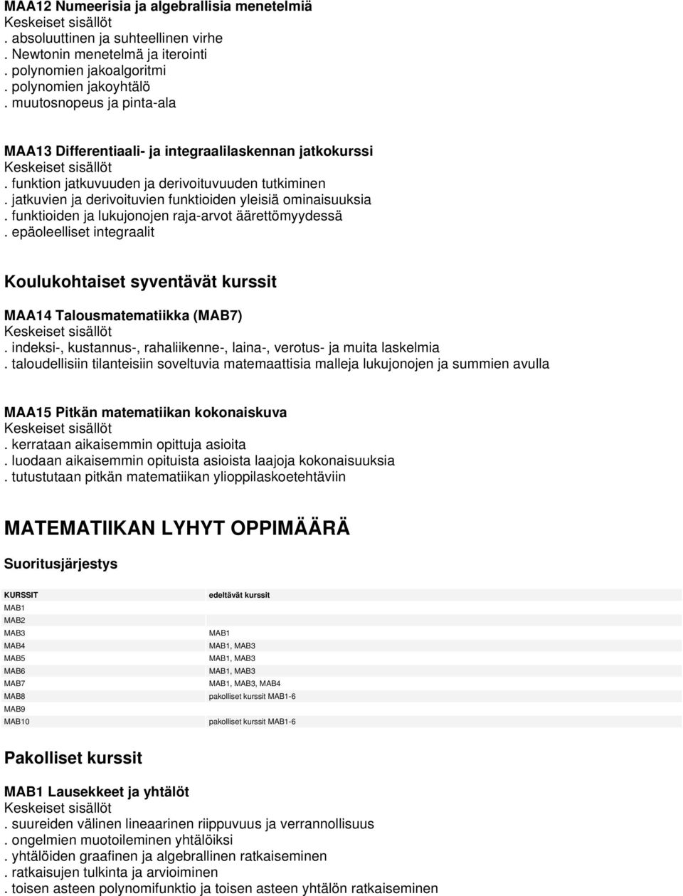 funktioiden ja lukujonojen raja-arvot äärettömyydessä. epäoleelliset integraalit Koulukohtaiset syventävät kurssit MAA14 Talousmatematiikka (MAB7).