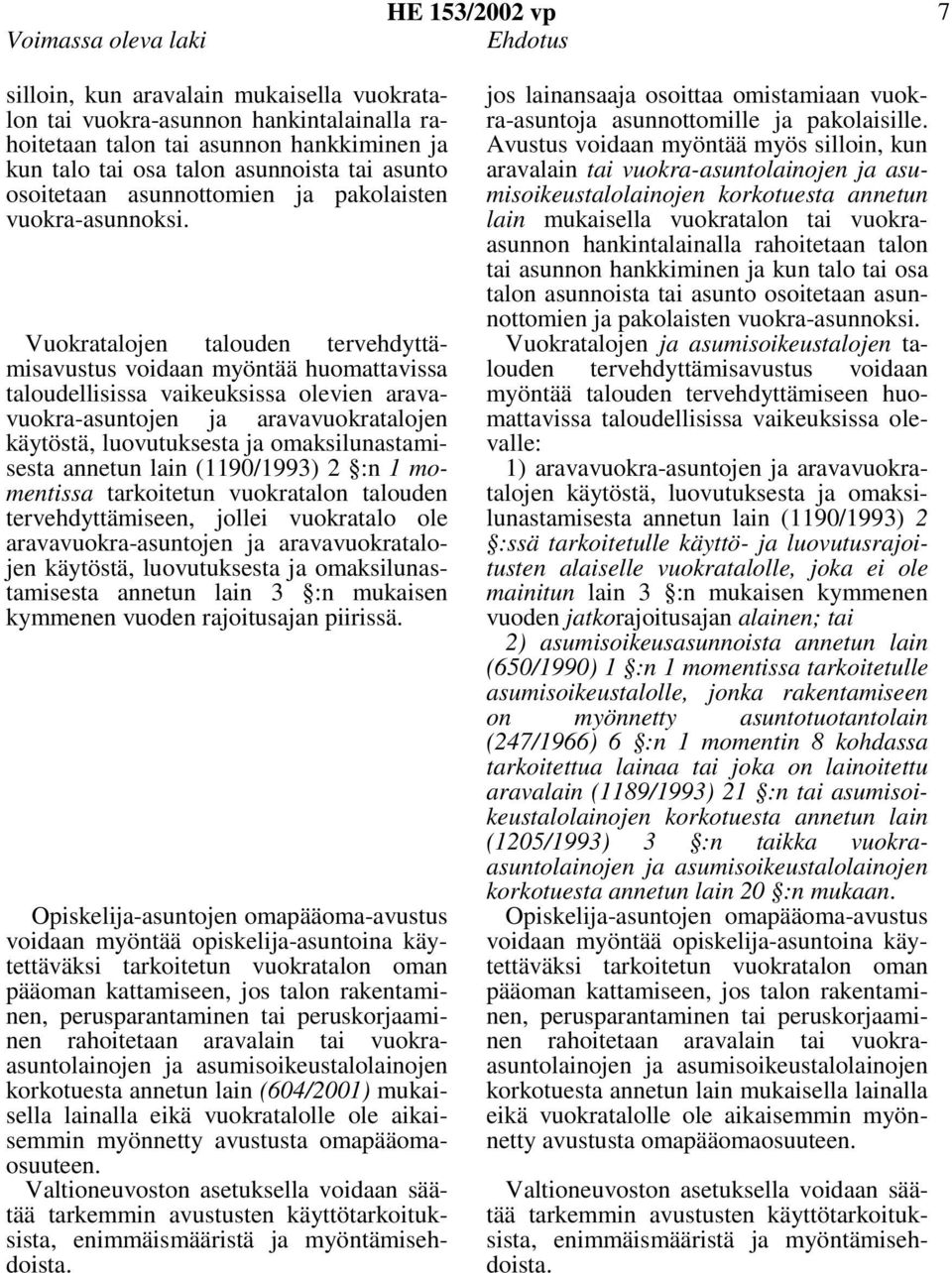 Vuokratalojen talouden tervehdyttämisavustus voidaan myöntää huomattavissa taloudellisissa vaikeuksissa olevien aravavuokra-asuntojen ja aravavuokratalojen annetun lain (1190/1993) 2 :n 1momentissa