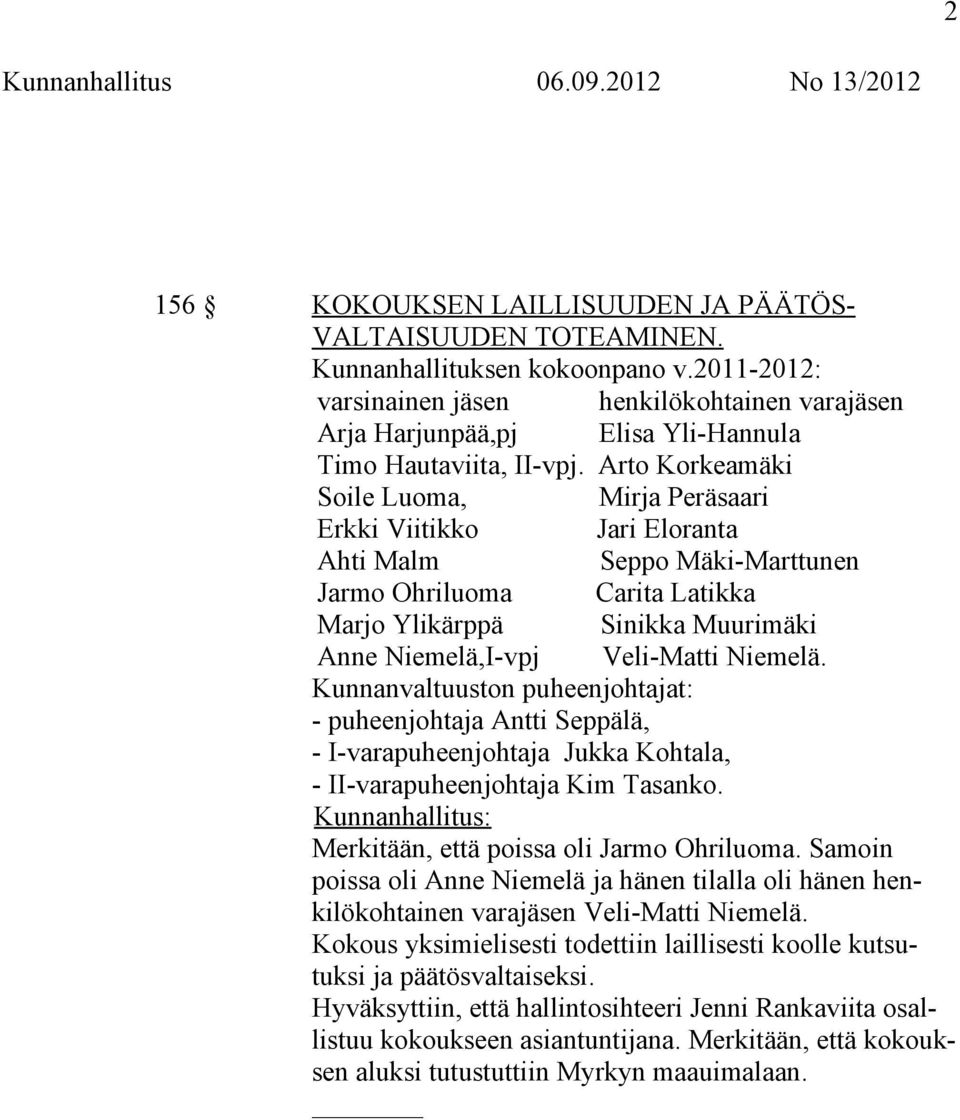 Arto Korkeamäki Soile Luoma, Mirja Peräsaari Erkki Viitikko Jari Eloranta Ahti Malm Seppo Mäki-Marttunen Jarmo Ohriluoma Carita Latikka Marjo Ylikärppä Sinikka Muurimäki Anne Niemelä,I-vpj Veli-Matti