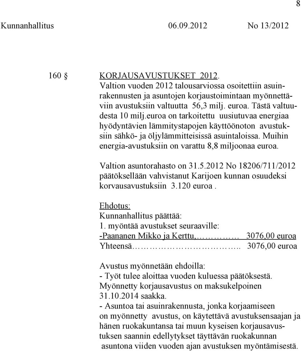 Muihin energia-avustuksiin on varattu 8,8 miljoonaa euroa. Valtion asuntorahasto on 31.5.2012 No 18206/711/2012 päätöksellään vahvistanut Karijoen kunnan osuudeksi korvausavustuksiin 3.120 euroa.