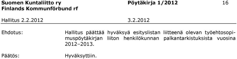 olevan työehtosopimuspöytäkirjan liiton