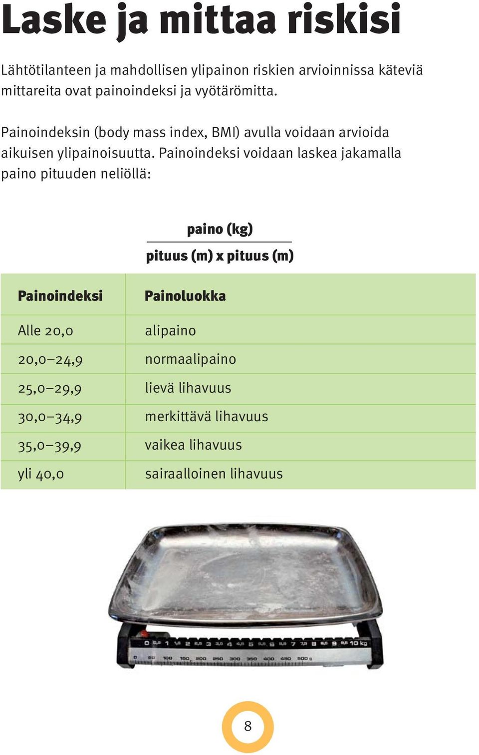 Painoindeksi voidaan laskea jakamalla paino pituuden neliöllä: paino (kg) pituus (m) x pituus (m) Painoindeksi Painoluokka