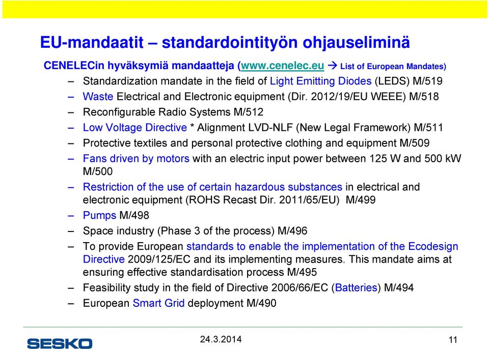 2012/19/EU WEEE) M/518 Reconfigurable Radio Systems M/512 Low Voltage Directive * Alignment LVD-NLF (New Legal Framework) M/511 Protective textiles and personal protective clothing and equipment