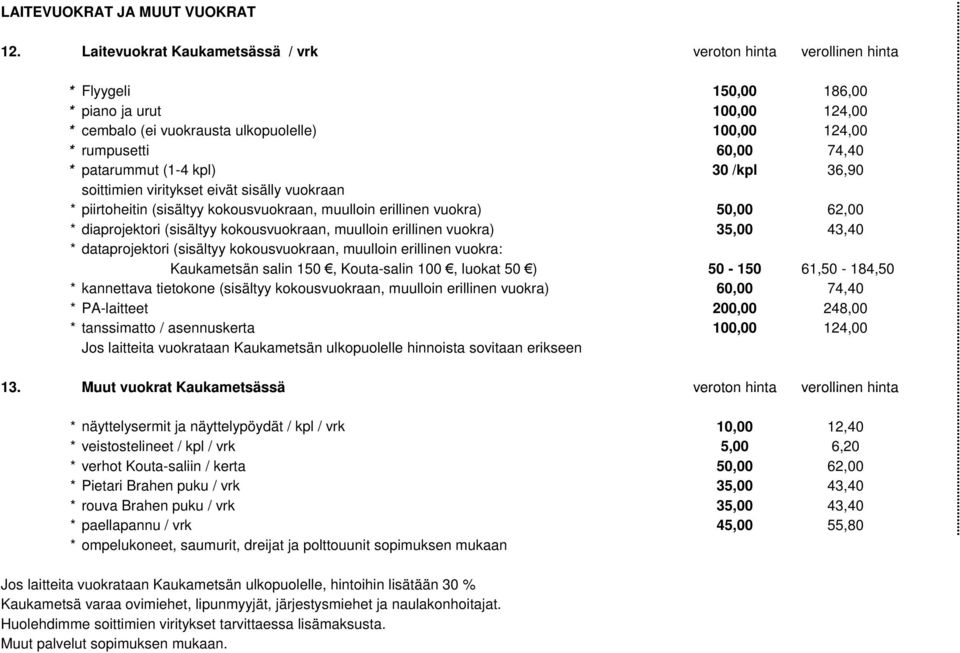 patarummut (1-4 kpl) 30 /kpl 36,90 soittimien viritykset eivät sisälly vuokraan * piirtoheitin (sisältyy kokousvuokraan, muulloin erillinen vuokra) 50,00 62,00 * diaprojektori (sisältyy