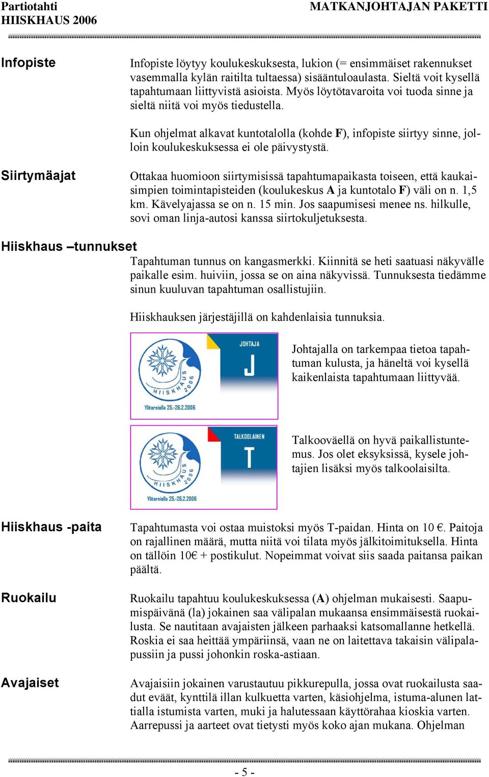 Siirtymäajat Ottakaa huomioon siirtymisissä tapahtumapaikasta toiseen, että kaukaisimpien toimintapisteiden (koulukeskus A ja kuntotalo F) väli on n. 1,5 km. Kävelyajassa se on n. 15 min.