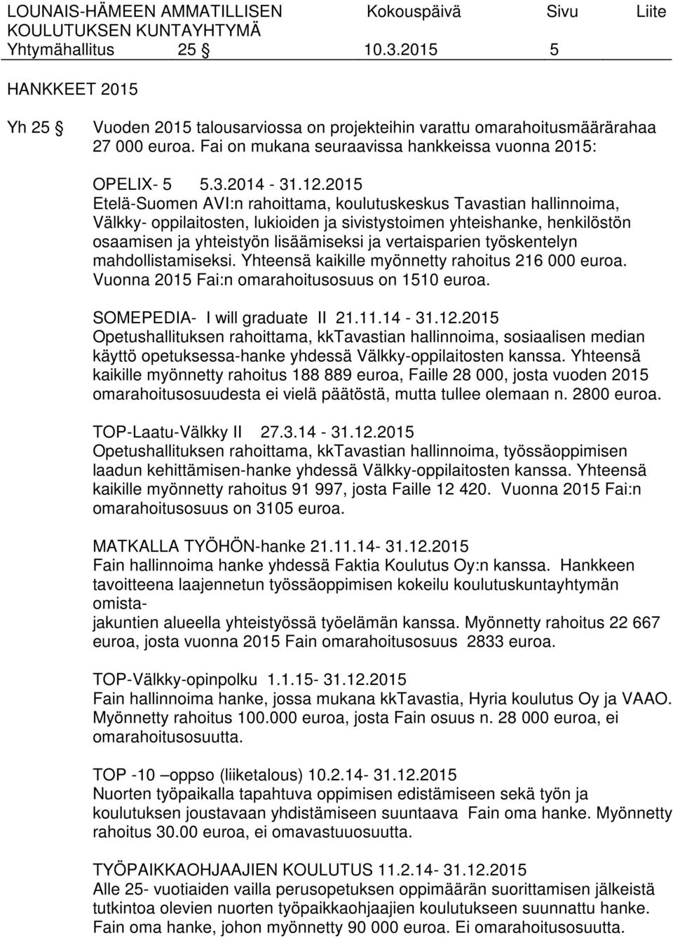 2015 Etelä-Suomen AVI:n rahoittama, koulutuskeskus Tavastian hallinnoima, Välkky- oppilaitosten, lukioiden ja sivistystoimen yhteishanke, henkilöstön osaamisen ja yhteistyön lisäämiseksi ja