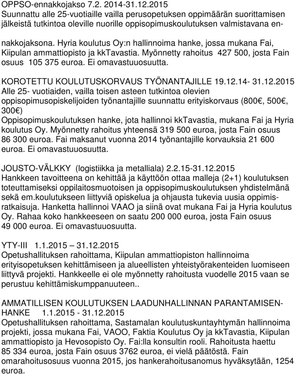 Hyria koulutus Oy:n hallinnoima hanke, jossa mukana Fai, Kiipulan ammattiopisto ja kktavastia. Myönnetty rahoitus 427 500, josta Fain osuus 105 375 euroa. Ei omavastuuosuutta.