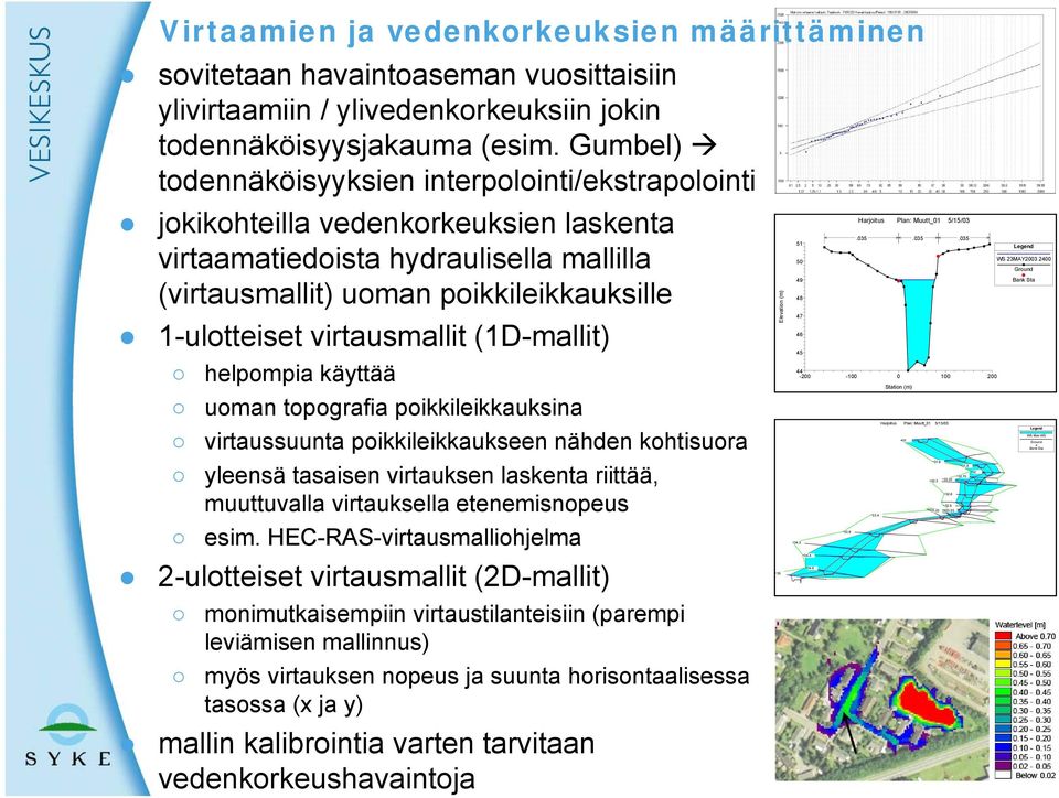 virtausmallit (1D-mallit) helpompia käyttää uoman topografia poikkileikkauksina virtaussuunta poikkileikkaukseen nähden kohtisuora yleensä tasaisen virtauksen laskenta riittää, muuttuvalla