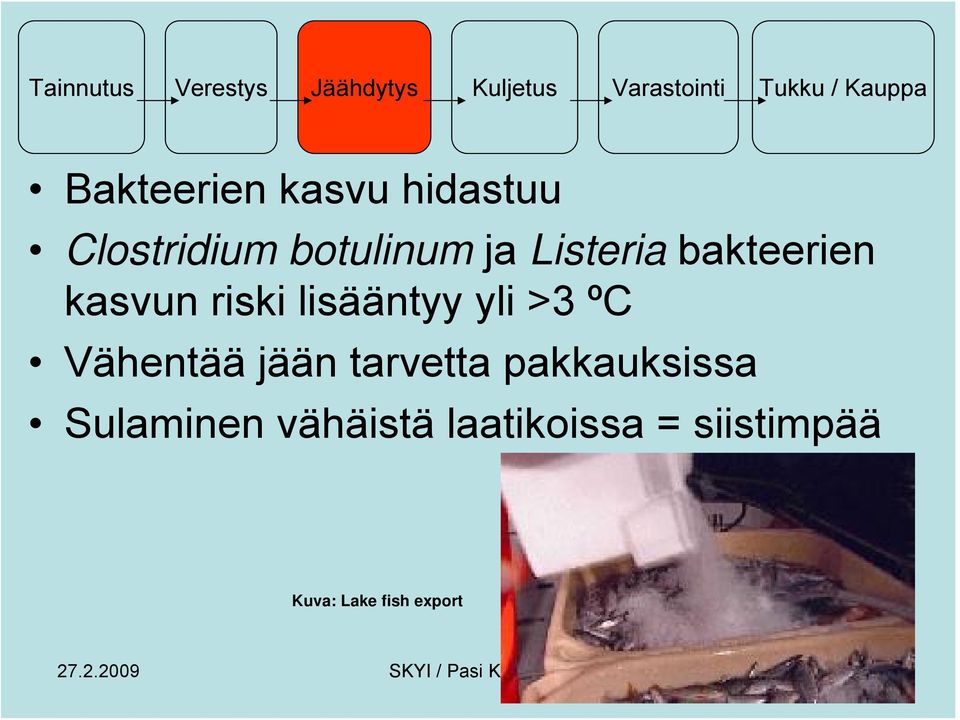 bakteerien kasvun riski lisääntyy yli >3 ºC Vähentää jään tarvetta