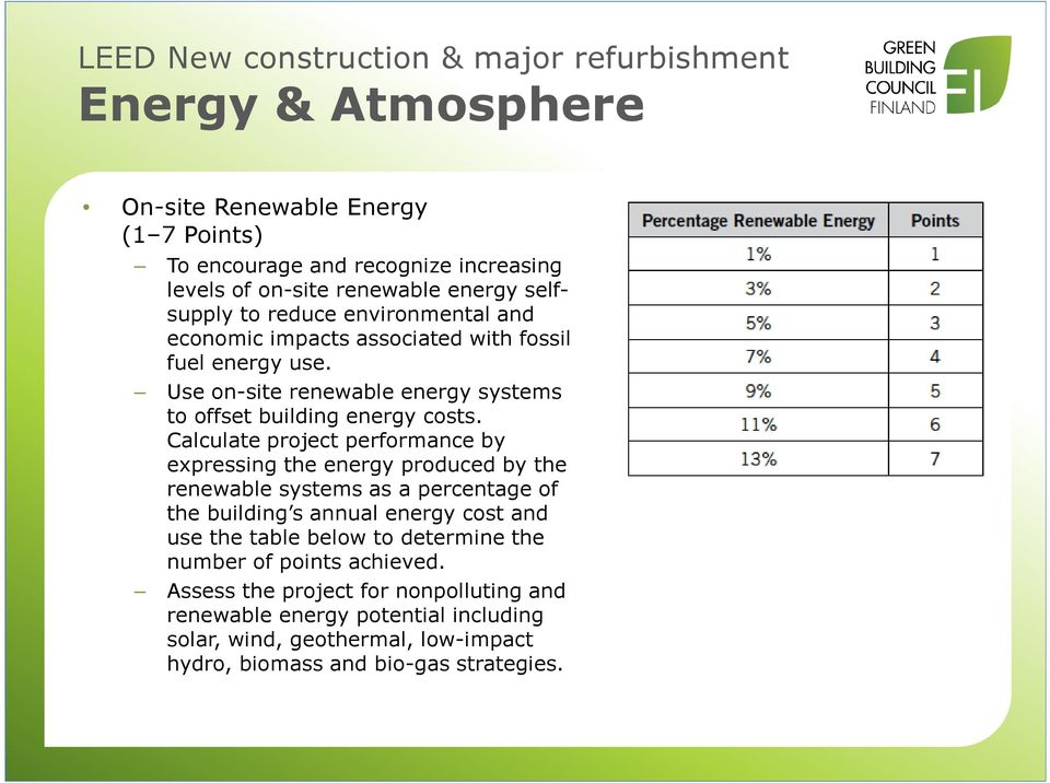 Calculate project performance by expressing the energy produced by the renewable systems as a percentage of the building s annual energy cost and use the table below to