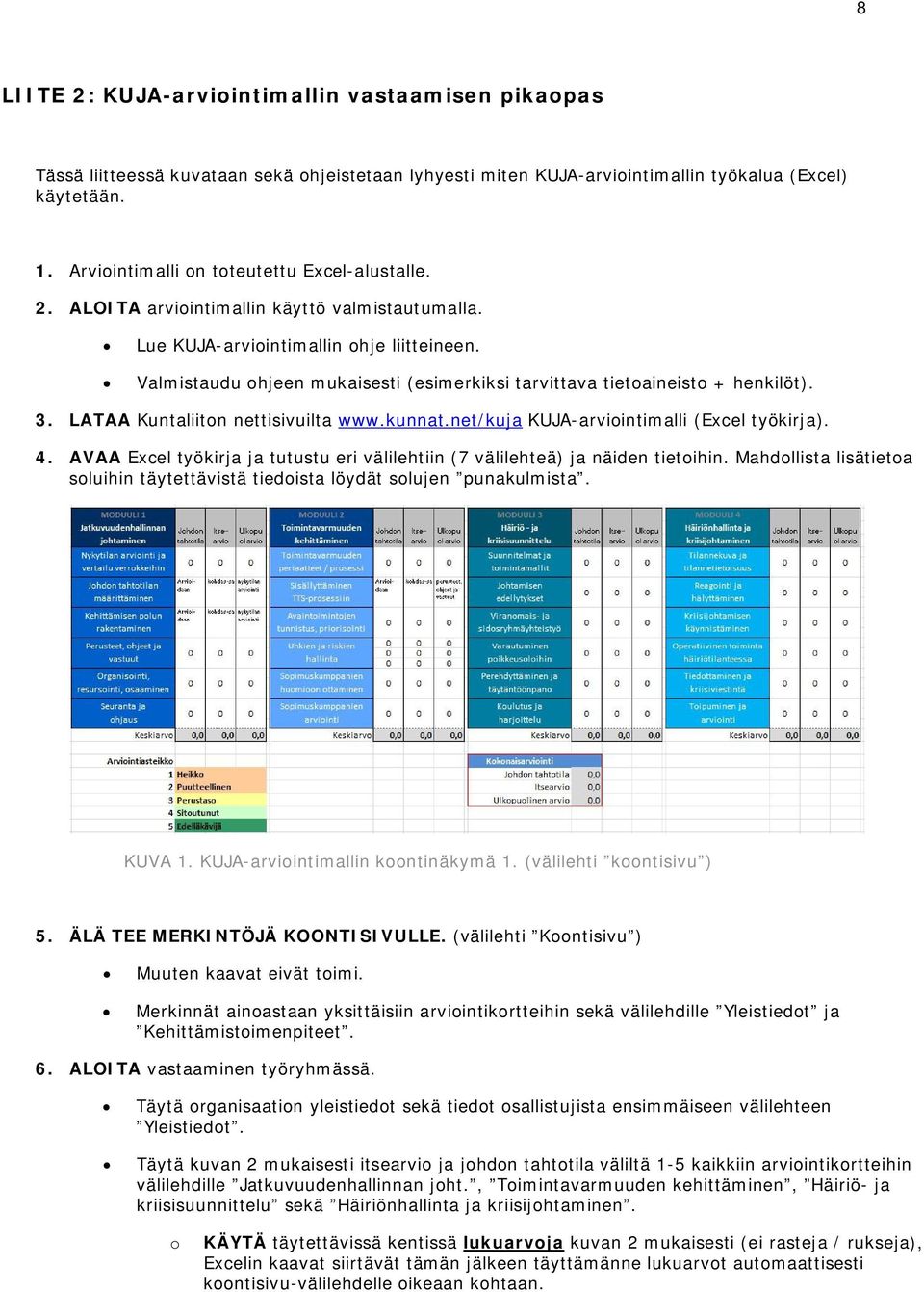 Valmistaudu ohjeen mukaisesti (esimerkiksi tarvittava tietoaineisto + henkilöt). 3. LATAA Kuntaliiton nettisivuilta www.kunnat.net/kuja KUJA-arviointimalli (Excel työkirja). 4.