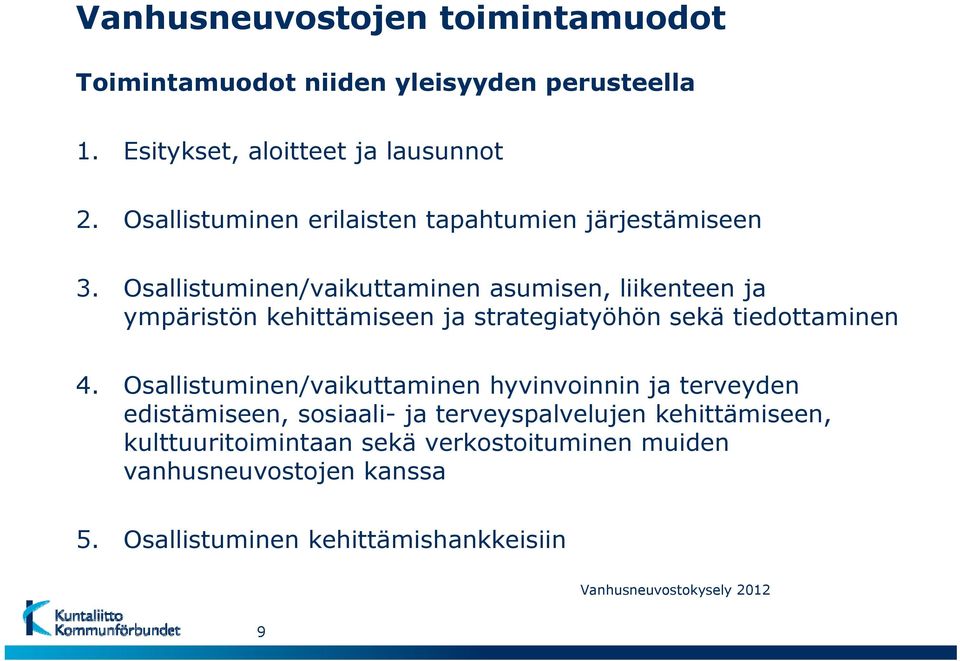 Osallistuminen/vaikuttaminen asumisen, liikenteen ja ympäristön kehittämiseen ja strategiatyöhön sekä tiedottaminen 4.