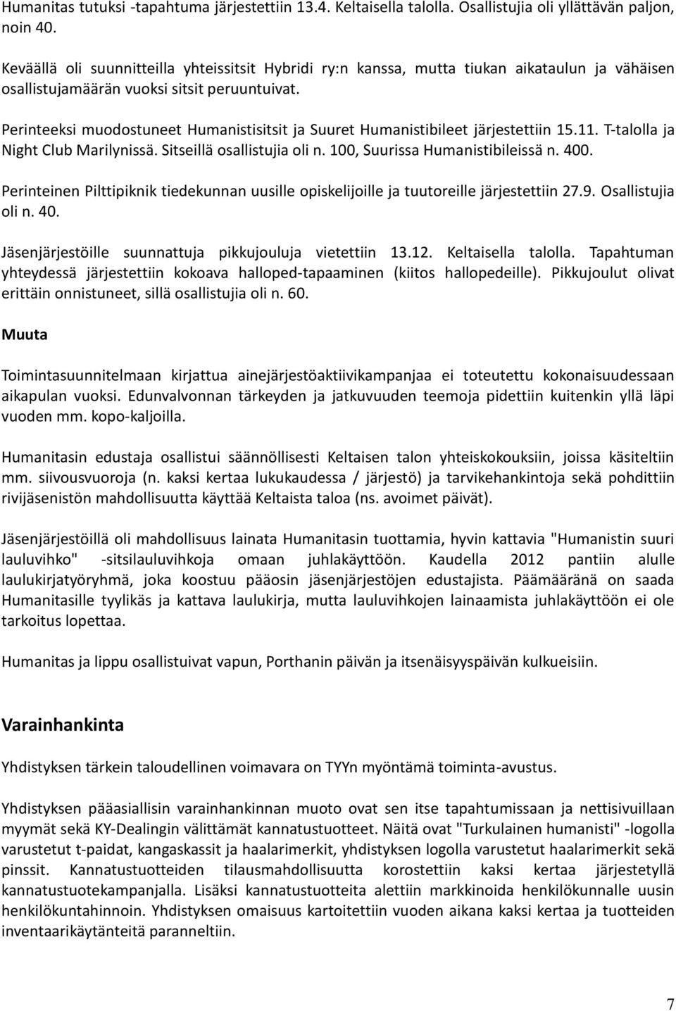 Perinteeksi muodostuneet Humanistisitsit ja Suuret Humanistibileet järjestettiin 15.11. T-talolla ja Night Club Marilynissä. Sitseillä osallistujia oli n. 100, Suurissa Humanistibileissä n. 400.