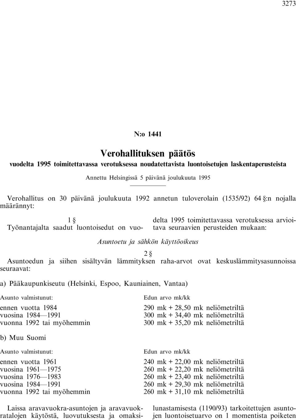 mukaan: Asuntoetu ja sähkön käyttöoikeus 2 Asuntoedun ja siihen sisältyvän lämmityksen raha-arvot ovat keskuslämmitysasunnoissa seuraavat: a) Pääkaupunkiseutu (Helsinki, Espoo, Kauniainen, Vantaa)