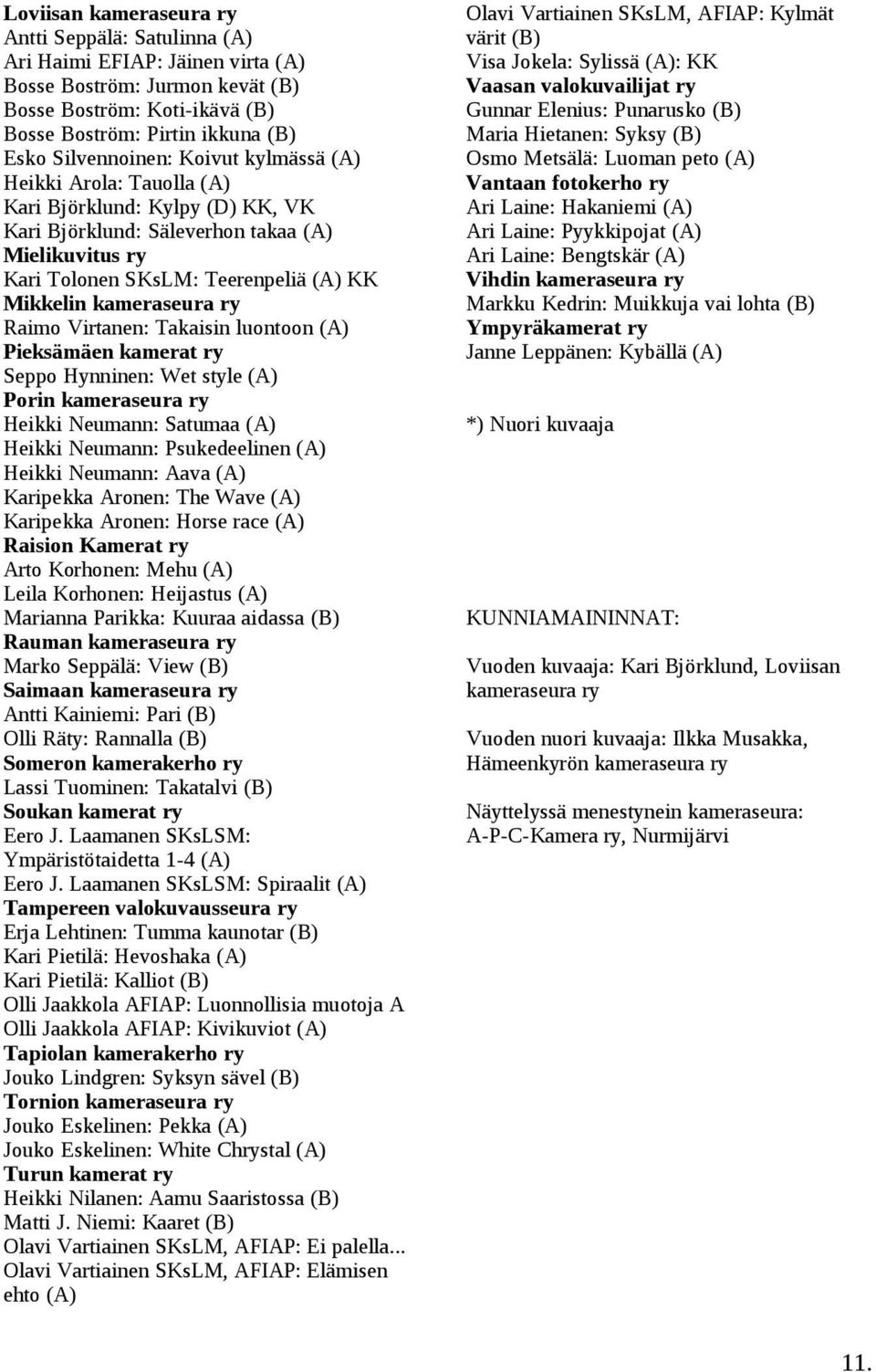 kameraseura ry Raimo Virtanen: Takaisin luontoon (A) Pieksämäen kamerat ry Seppo Hynninen: Wet style (A) Porin kameraseura ry Heikki Neumann: Satumaa (A) Heikki Neumann: Psukedeelinen (A) Heikki