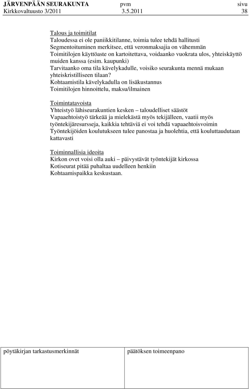 voidaanko vuokrata ulos, yhteiskäyttö muiden kanssa (esim. kaupunki) Tarvitaanko oma tila kävelykadulle, voisiko seurakunta mennä mukaan yhteiskristilliseen tilaan?