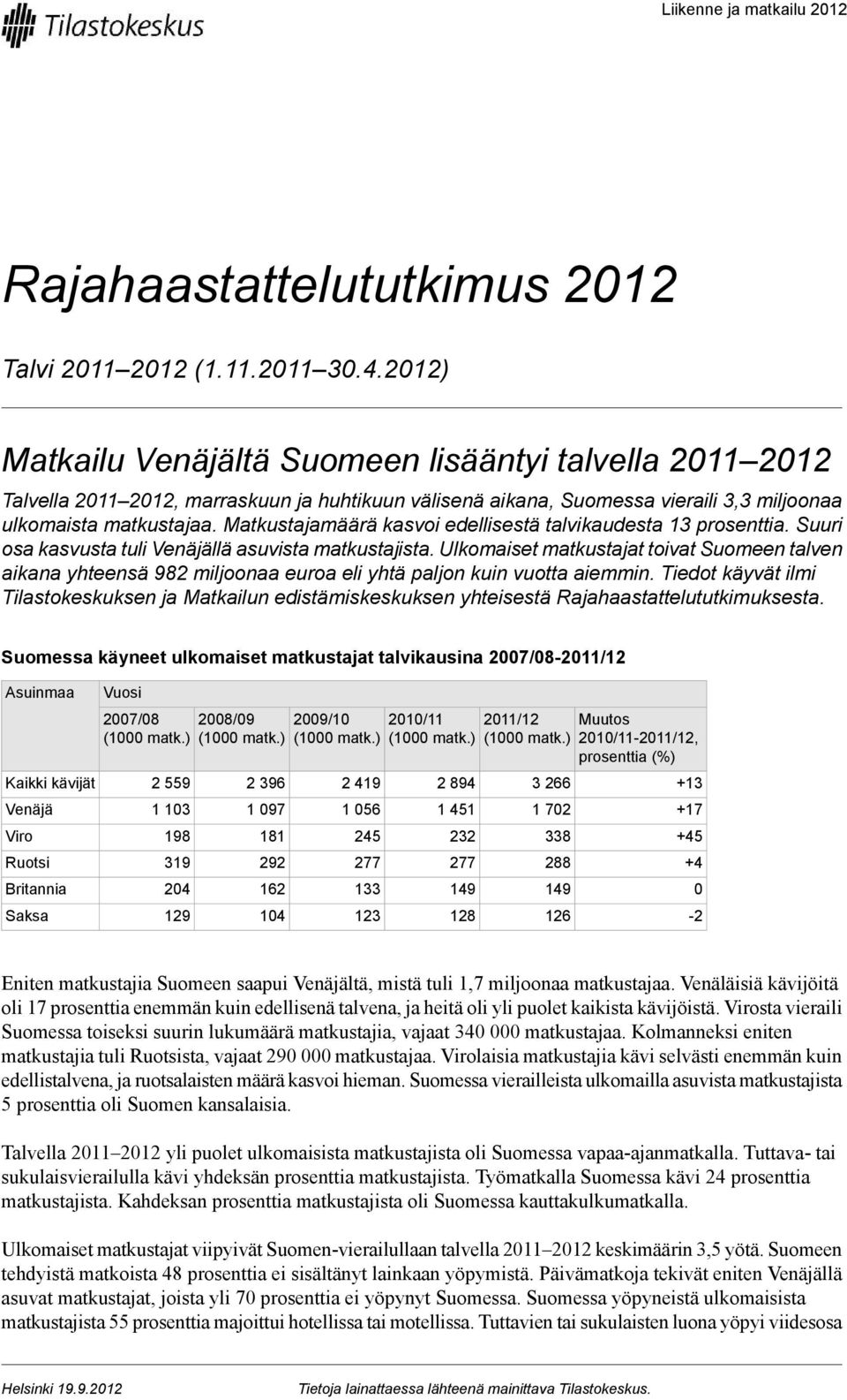 talven aikana yhteensä 98 miljoonaa euroa eli yhtä paljon kuin vuotta aiemmin Tiedot käyvät ilmi Tilastokeskuksen ja Matkailun edistämiskeskuksen yhteisestä Rajahaastattelututkimuksesta Suomessa