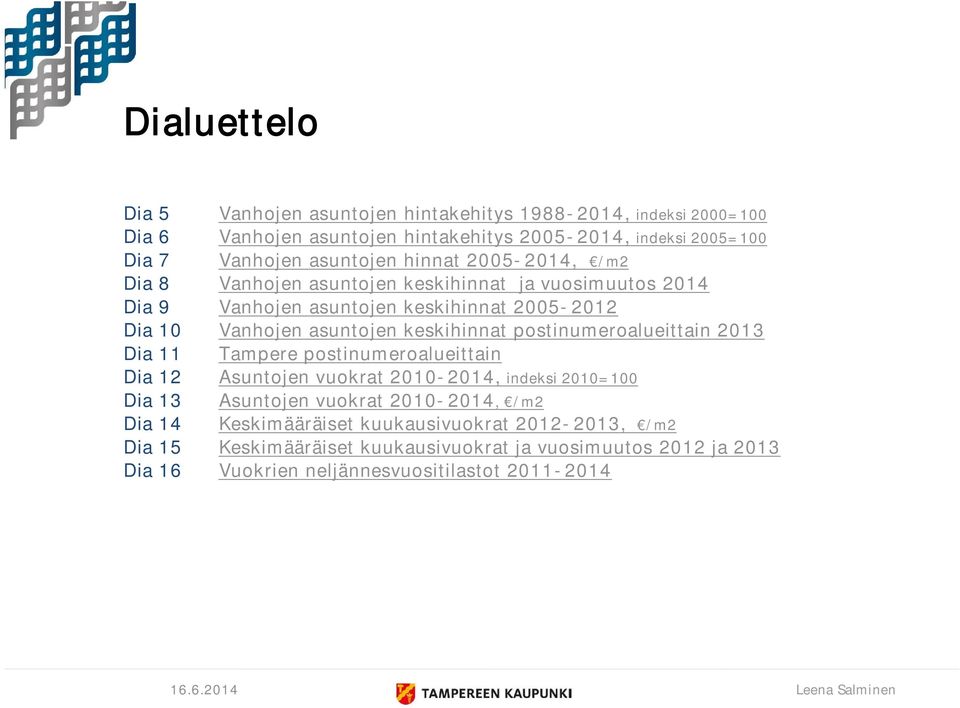 keskihinnat postinumeroalueittain 2013 Dia 11 Tampere postinumeroalueittain Dia 12 Asuntojen vuokrat 2010-2014, indeksi 2010=100 Dia 13 Asuntojen vuokrat 2010-2014,