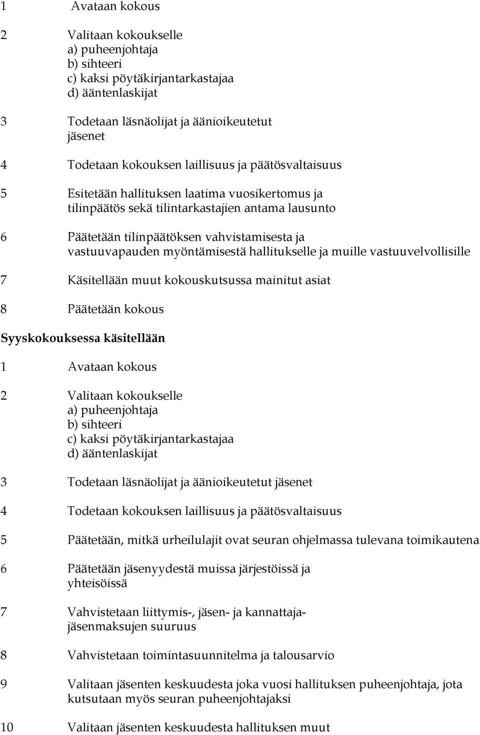 hallitukselle ja muille vastuuvelvollisille 7 Käsitellään muut kokouskutsussa mainitut asiat 8 Päätetään kokous Syyskokouksessa käsitellään  ja päätösvaltaisuus 5 Päätetään, mitkä urheilulajit ovat