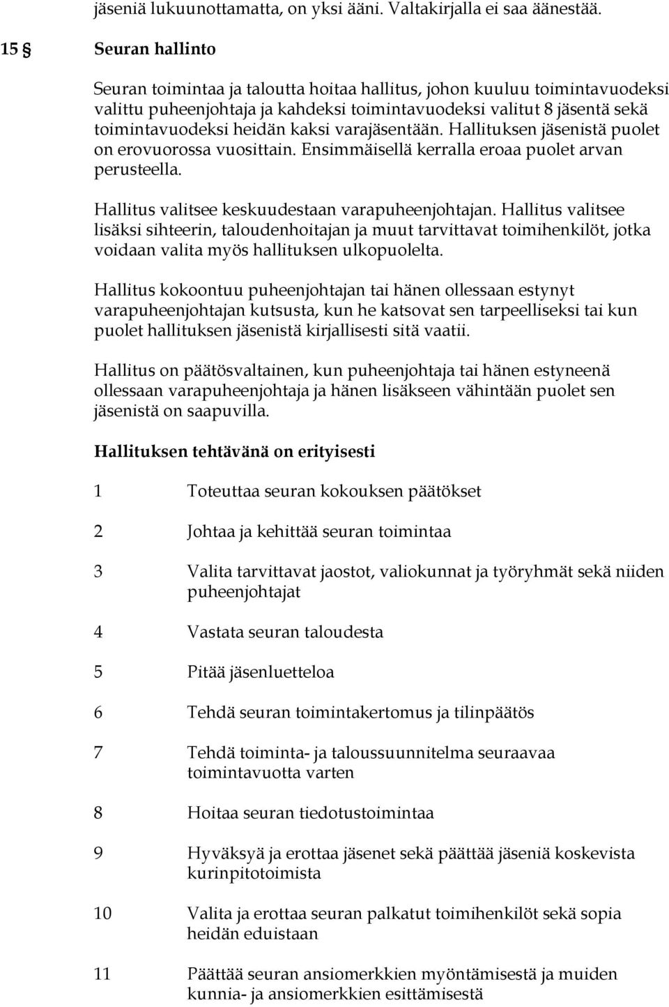 varajäsentään. Hallituksen jäsenistä puolet on erovuorossa vuosittain. Ensimmäisellä kerralla eroaa puolet arvan perusteella. Hallitus valitsee keskuudestaan varapuheenjohtajan.